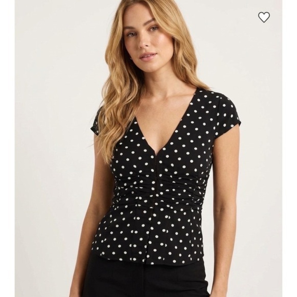 Princess Polly Indulgence Black/White Polka Dot Ruched V-Neck Cap Sleeve Top 0